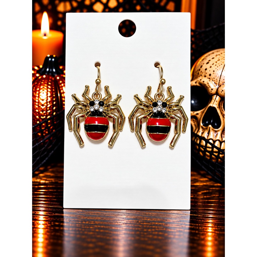 Gold Rhinestone Spider Earrings Red Black Enamel Halloween Dangle Earrings